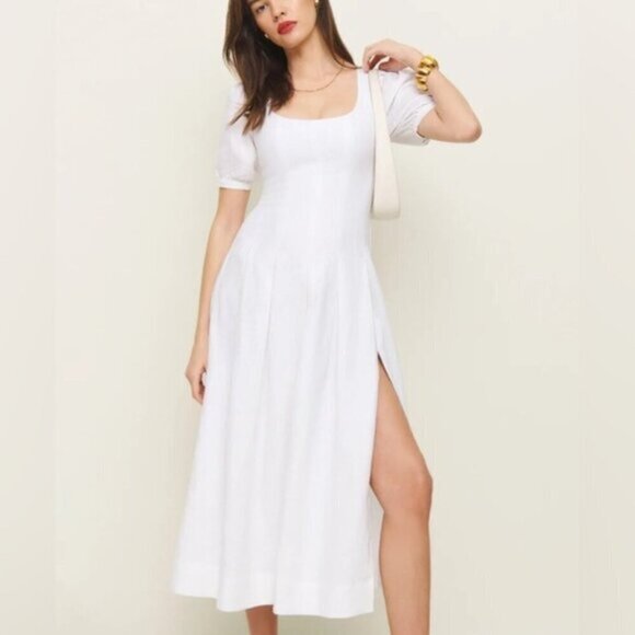 NEW Reformation Coucou Midi Linen Dress Puff Sleeves White | US 4 UK 8 - Picture 4 of 12
